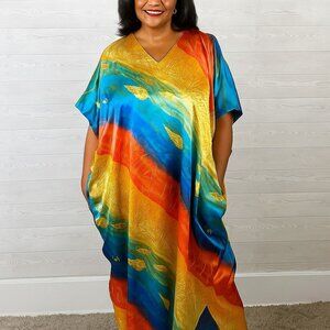 Winlar Vintage Multicolor Pakistan Kaftan Dress V-Neck  Polyester One Size